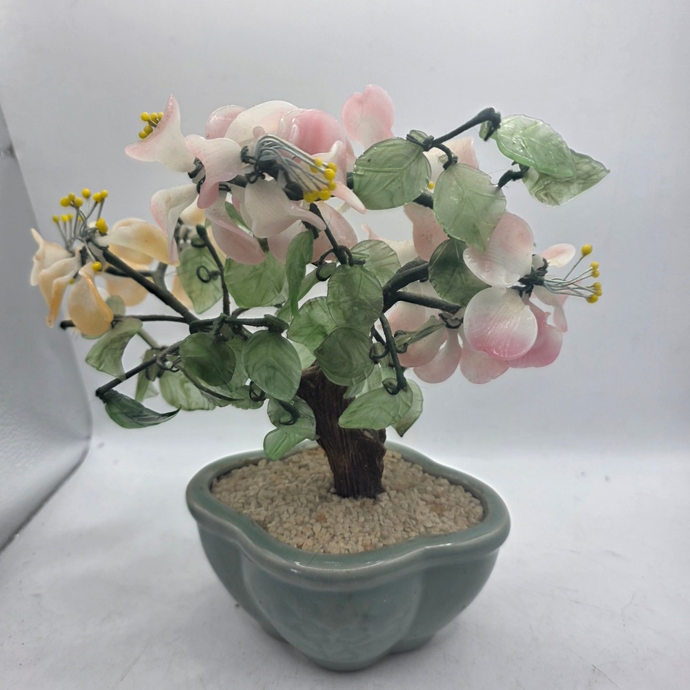 Vintage Chinese Glass Flower Bonsai Tree Pink Blossoms Celadon Pot Asian Decor